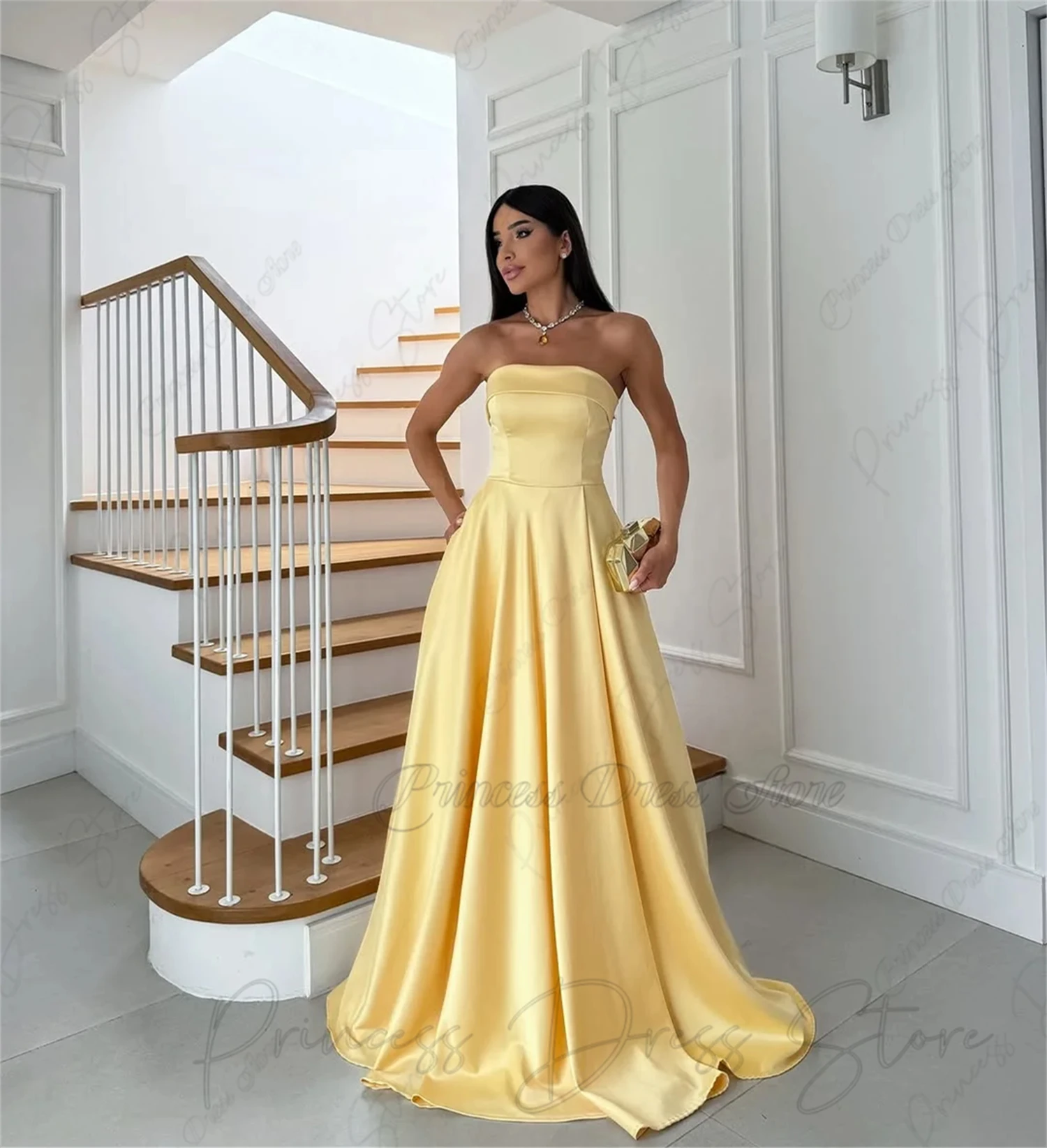 Customized Strapless Pearl Rhinestone Prom Dress vestidos de noche Satin A Line Formal Evening Gowns For Women Containing gloves