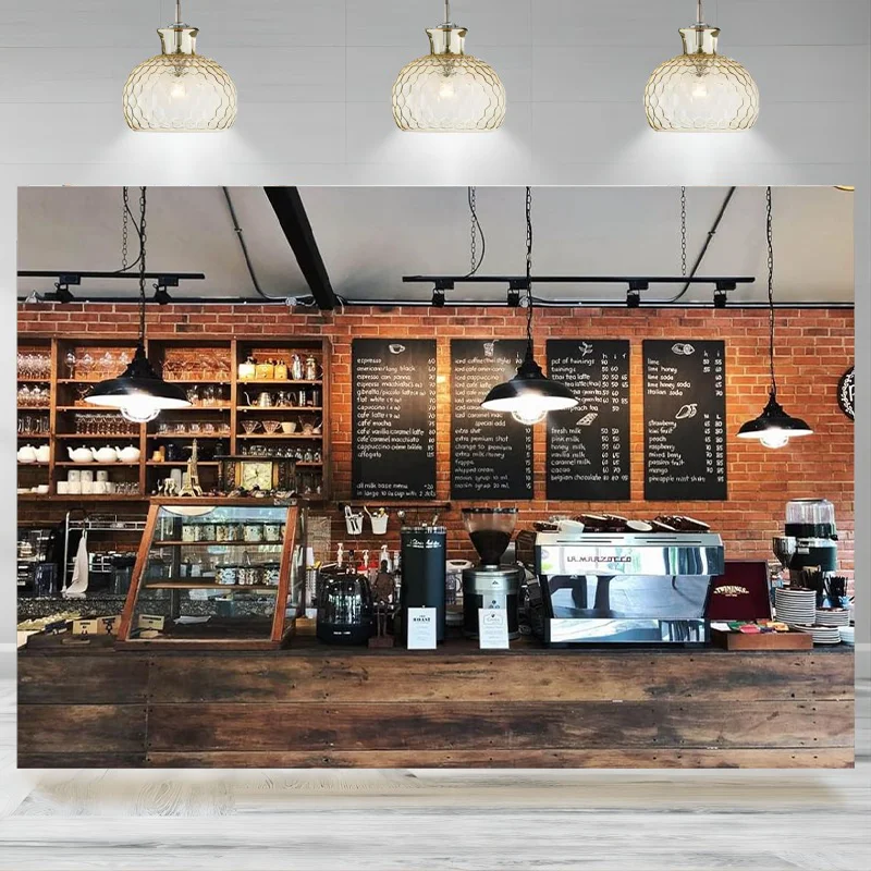 Cozy Coffee Restaurant Bar Backdrop Photography Shop Vintage Brick Wall Wooden Counter Background Party Decorations Photo