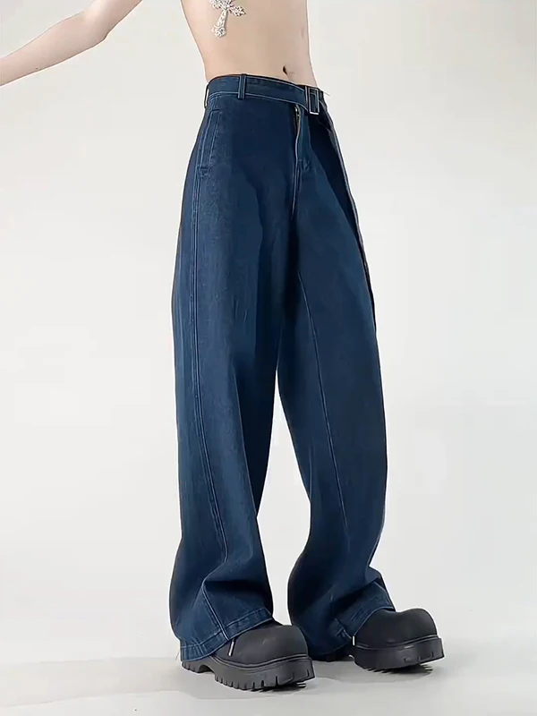American High Street Wide Leg Men's Jeans Spring Summer Design Sense Splicing Knife  Clean Fit Casual Pants