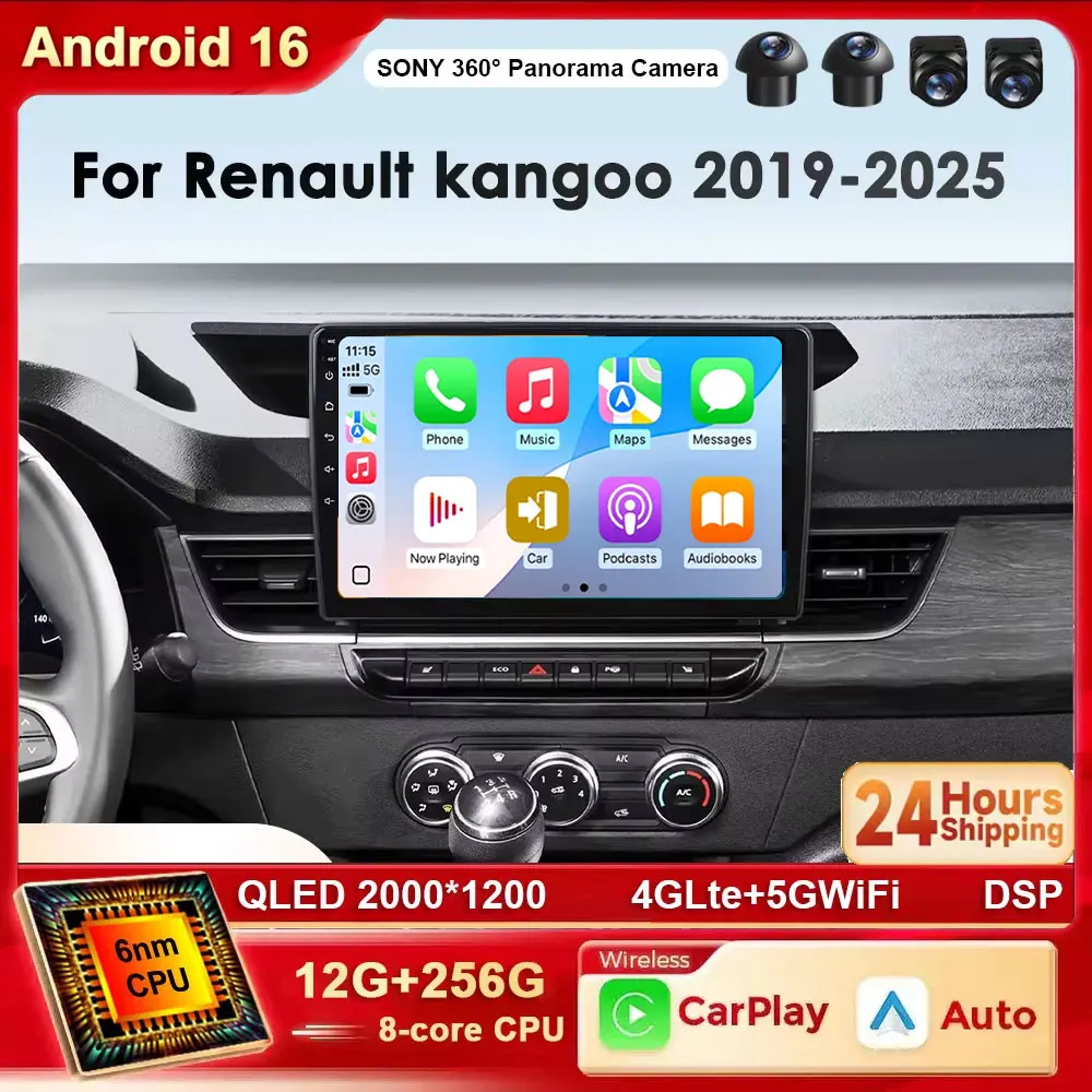 Android 16 for Renault Kangoo 2019-2025 2K 4G WIFI BT DSP Car Multimedia Player GPS Navigation Support Carplay Auto DVD