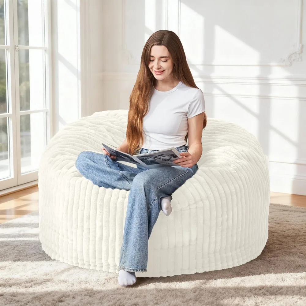 

Большое кресло-мешок 3 фута с полосатым плюшевым чехлом и наполнителем из пены с эффектом памяти для взрослых, для гостиной, спальни, общежития, декор, белый