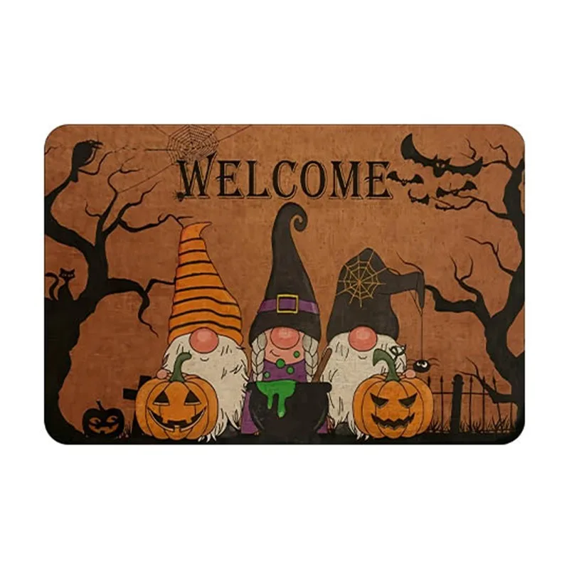 Whimsical Pumpkin Gnomes Welcome Halloween Doormat Non Slip Entrance Rug For Fall Harvest Holiday Home Decor Gift