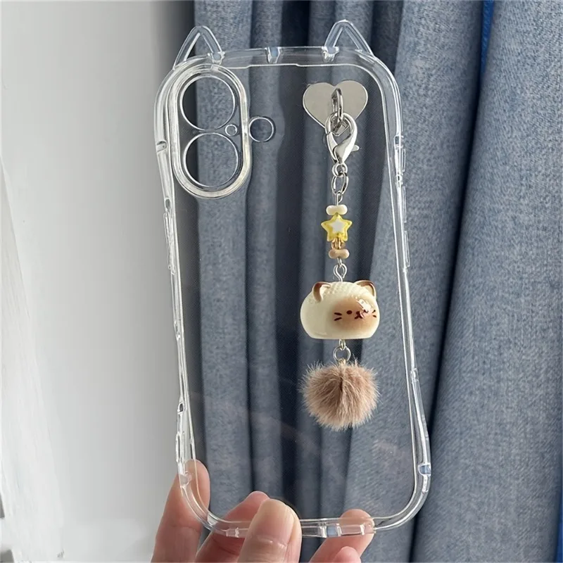 3D Kitten Phone Chain Resin Cat Keychain Student Cute Bag Pendant Anti Lost Phone Lanyard Strap with Heart Hook Women Girls Gift