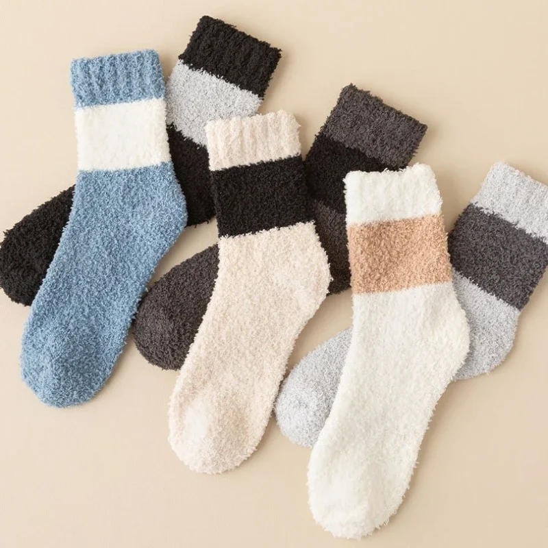 

6 pairs of coral fleece socks for men in autumn winter thick warm midsole socks solid color simple comfortable casual socks