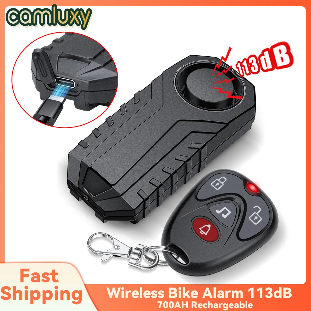 Camluxy Wireless Bike Alarm with Remote 700AH Rechargeable 113dB Loud Bicycle Alarm System Anti Theft for E-Bikes Scooter Riding