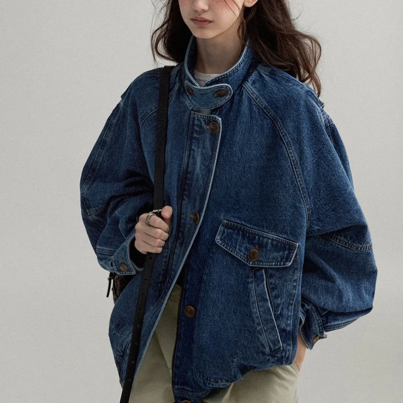 

Scandinavian Medieval Feeling/Washed Texture Turn-Up Collar Contrast Color Feeling Bomber Coat Women