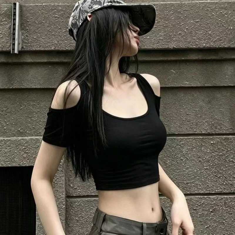 Women's Sexy Off-Shoulder U-Neck Short Sleeve T-Shirt Slim Fit Base Layer with Exposed Navel Summer Pure Desire Fashion Top