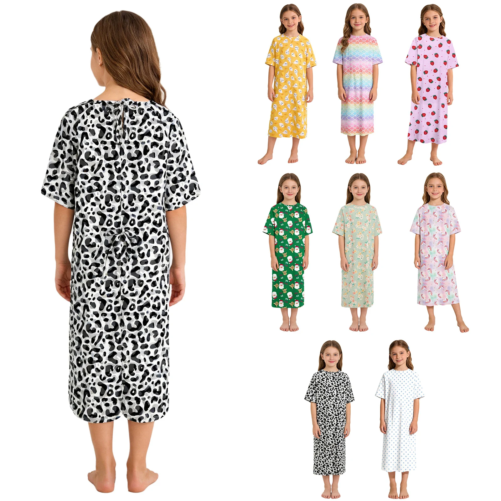 Kids Girls Robe Pediatric Medical Surgical Patient Dresses Button Short Sleeves Back Split Self-Tie Cute Printed Hospital Gown