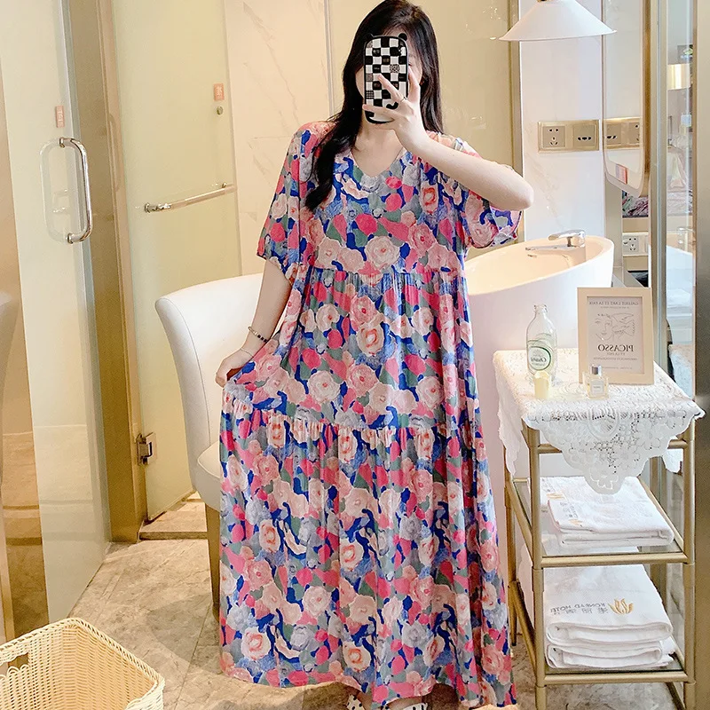 Summer Woman Viscose Nightgown Oversized Women Nightdress Short Sleeve Floral Print Nightgowns Sweet Casual Sleepwear Sleepdress