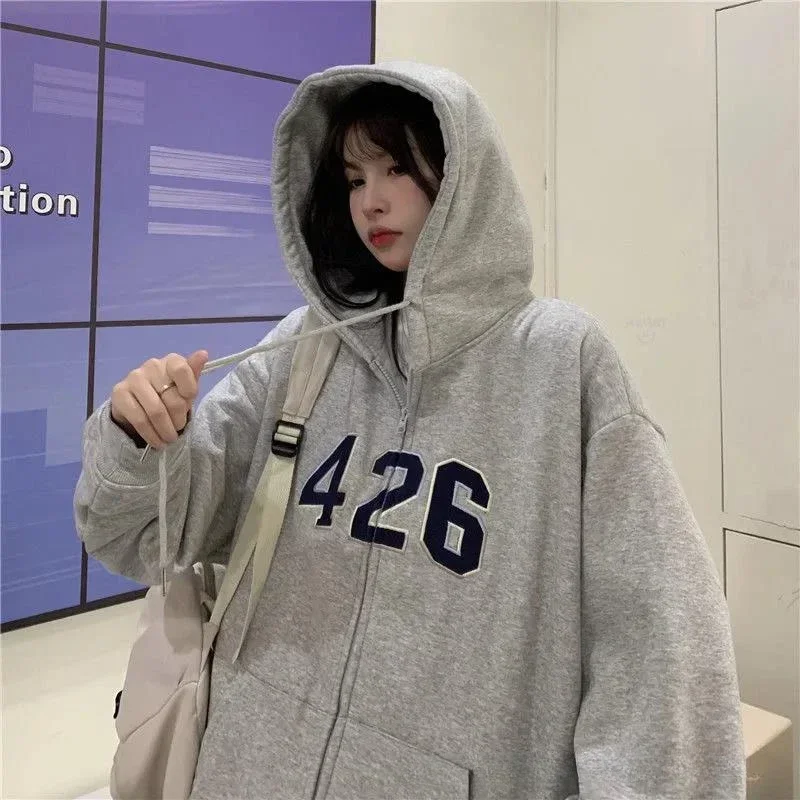 Y2k Autumn Winter Sweatshirt Hoodie Oversize Korean Hooded Cardigan Sweatshirts Gray Women Clothes Solid Zip Up Hoodies