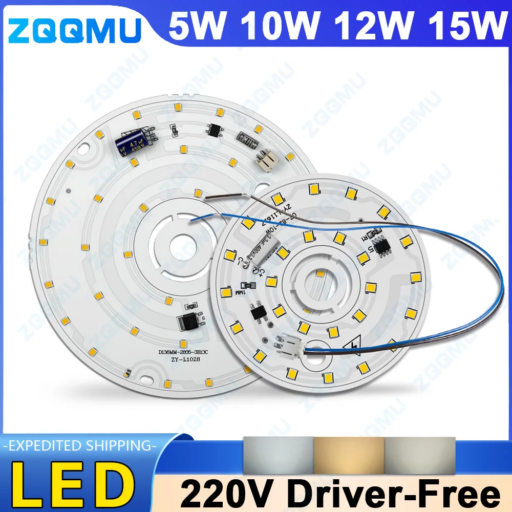 High Voltage 220V Driver-Free 10W 12W 15W LED Light Panel Round Light Source Board Nordic Chandelier Accessories PCB Light Board