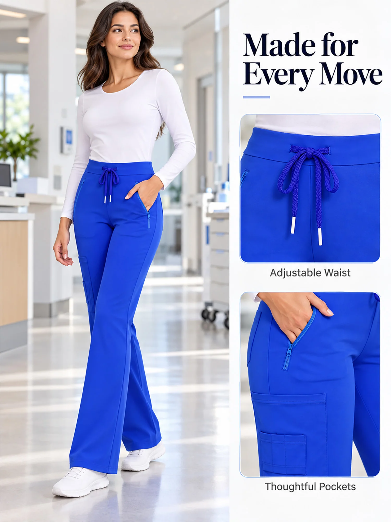 Women Yoga Scrub Pants Workout Flared Leggings Drawstring Elastic Waist Bell-bottom Trousers And Pockets Nurse Work Sportswear