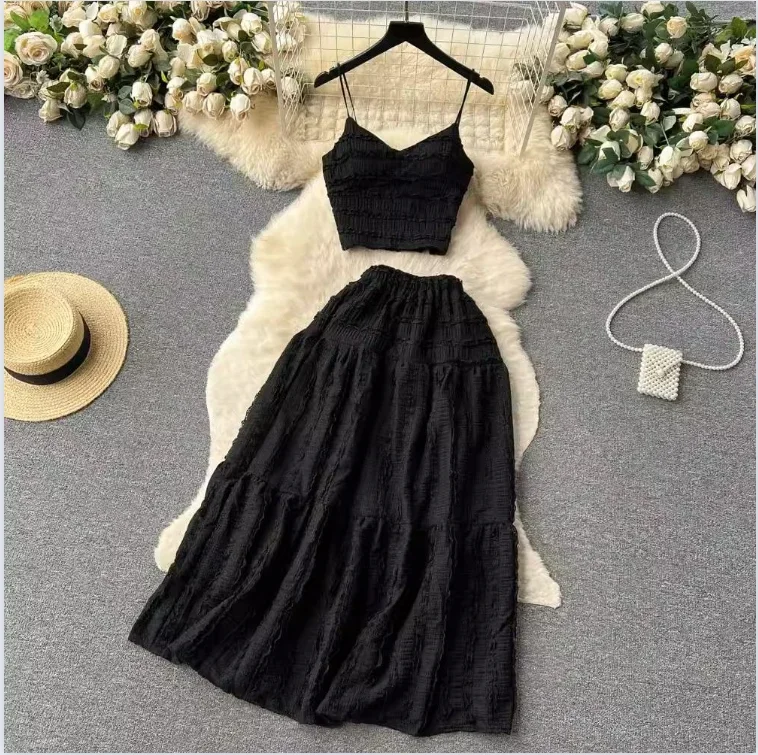 Elegant and Charming 2024 Two Piece Dress Set for Women with Flared Skirt and Solid Color  Top