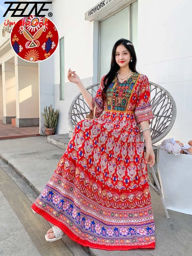 Women Dresses Vestidos Femenino Maxi Long Embroidery Party Para Mujer Summer Elegant Holiday Boho Floral Print Vintage Dresses