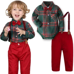 Christmas Outfit Baby Boy Clothes Infant New Year Party Gift Toddler Suspender Formal Suit Set Newborn Xmas Red Green Plaid 2PCS