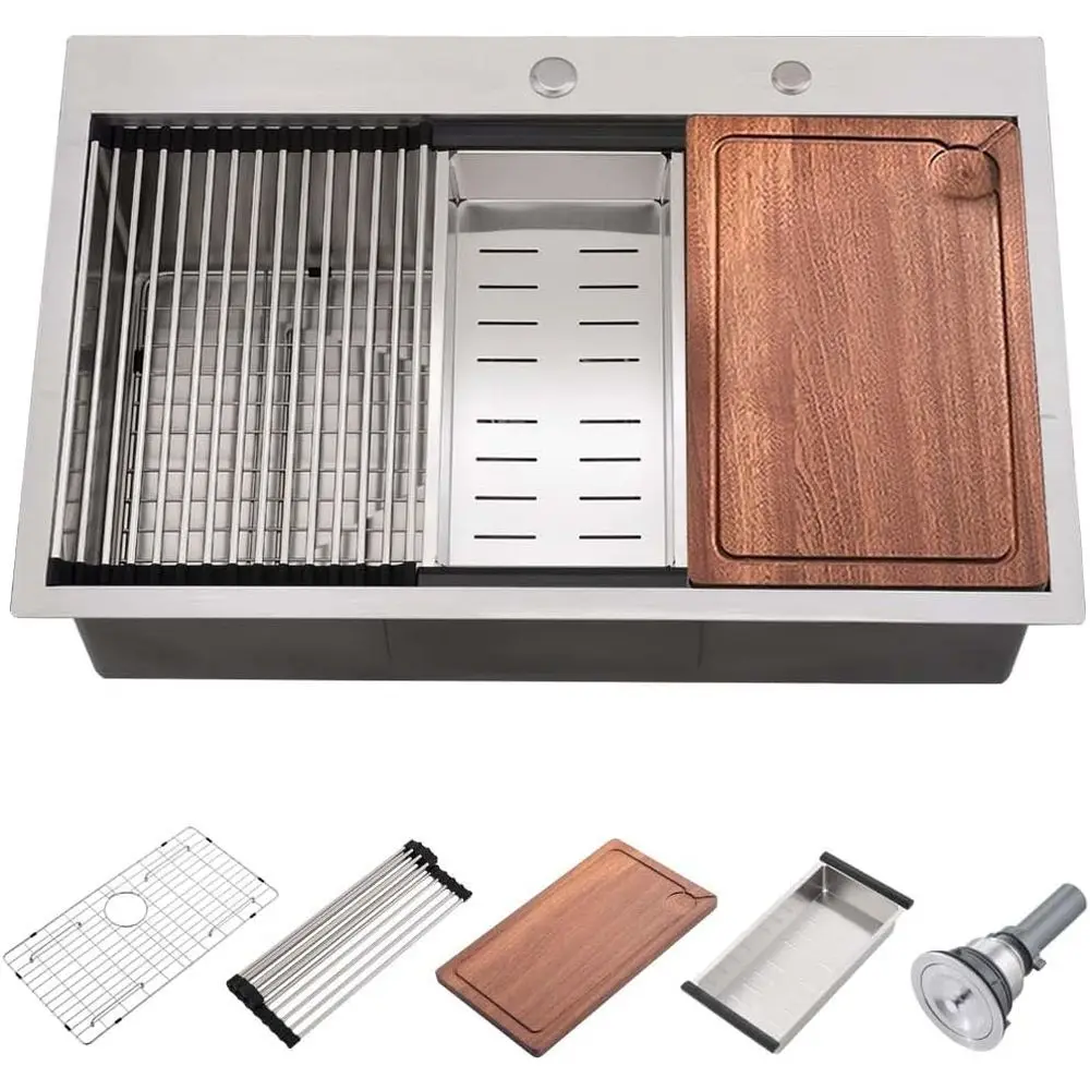 

Кухонная раковина-рабочая станция 31 дюйм, встраиваемая, 31x20, из нержавеющей стали, с одной чашей, для верхнего монтажа, 16 калибр, ручная работа