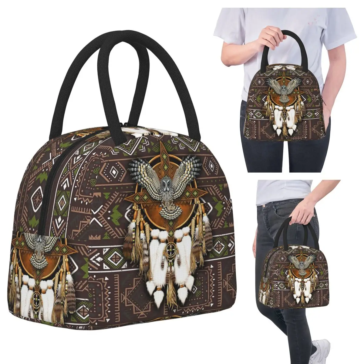 

Native American Owl African Tribal Insulated Lunch Bag for Women Office Cooler Thermal Food Box Tote Portable Lunch Boxes