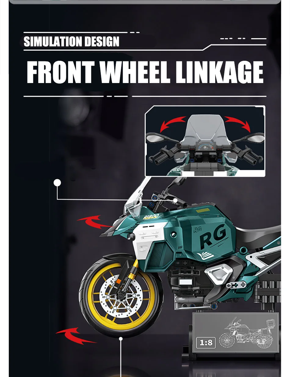 Technisches 831-teiliges 1/8 Maßstab R1300 Touring Motorrad Modellbausatz MOC City GS Motorrad Spielzeug Geschenke für Jungen – Detail 7