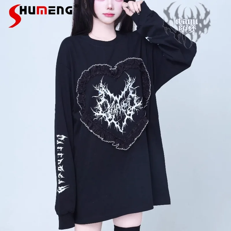 

Japanese Original Design Dark Heart Print Long Sleeved Tshirts For Women's Loose Top Mine Series Style Pullover T-shirt Y2k Tees