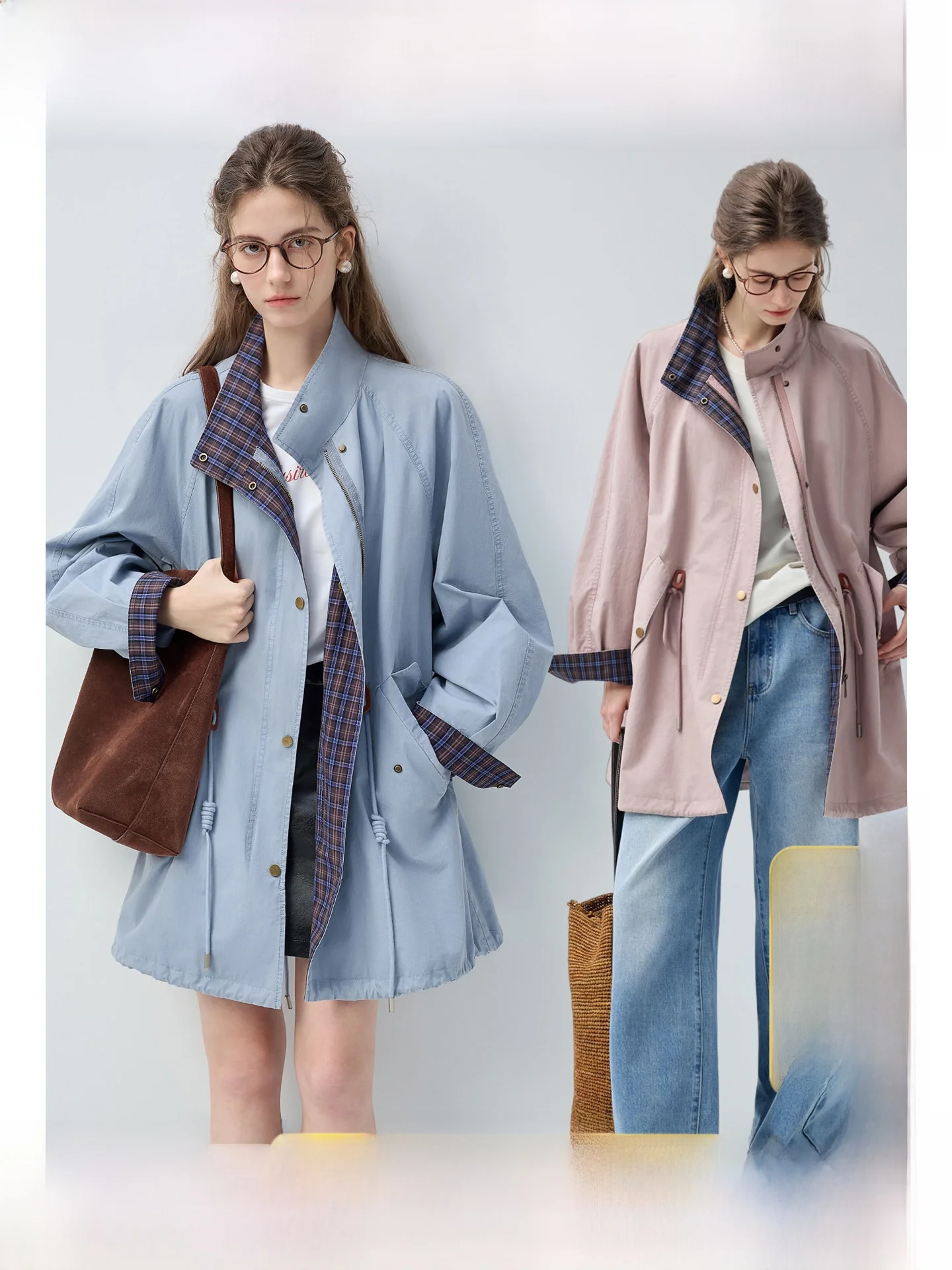 

Rui plus Size Women's Stand Collar Oversized Plaid Vintage Style Coat Slimming Loose Fitting Autumn Spring Outerwear