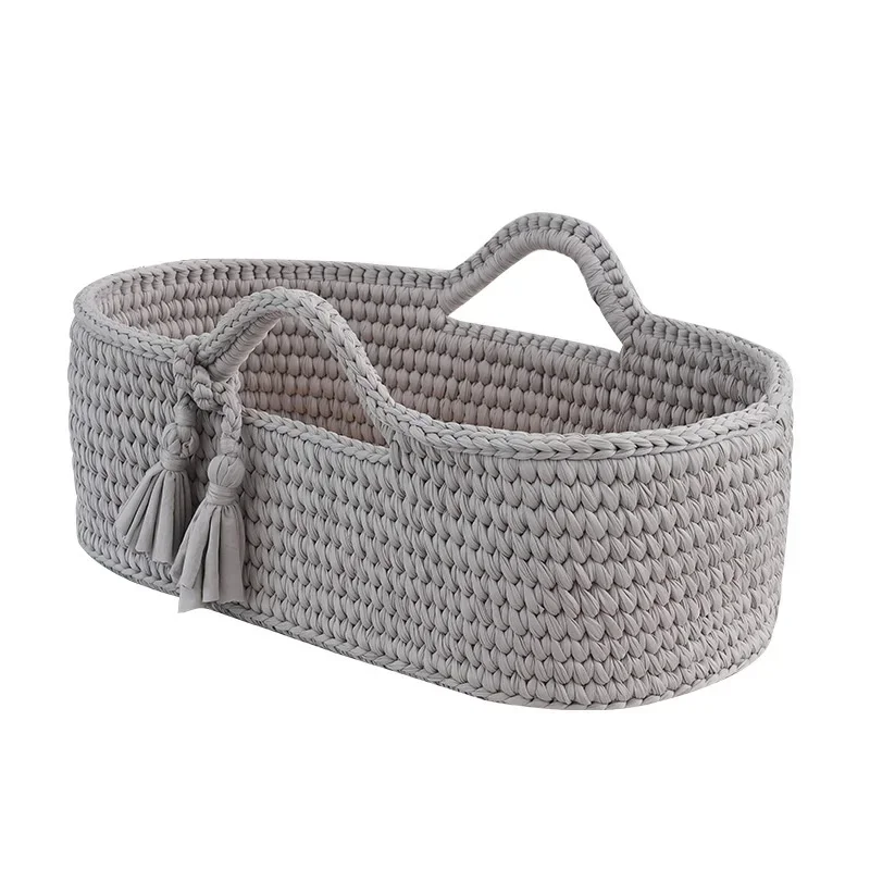 Double Layer Pure Hand-woven Solid Wood Baby Basket for Baby Diapers Storage Sleeping Cotton Rope Basket