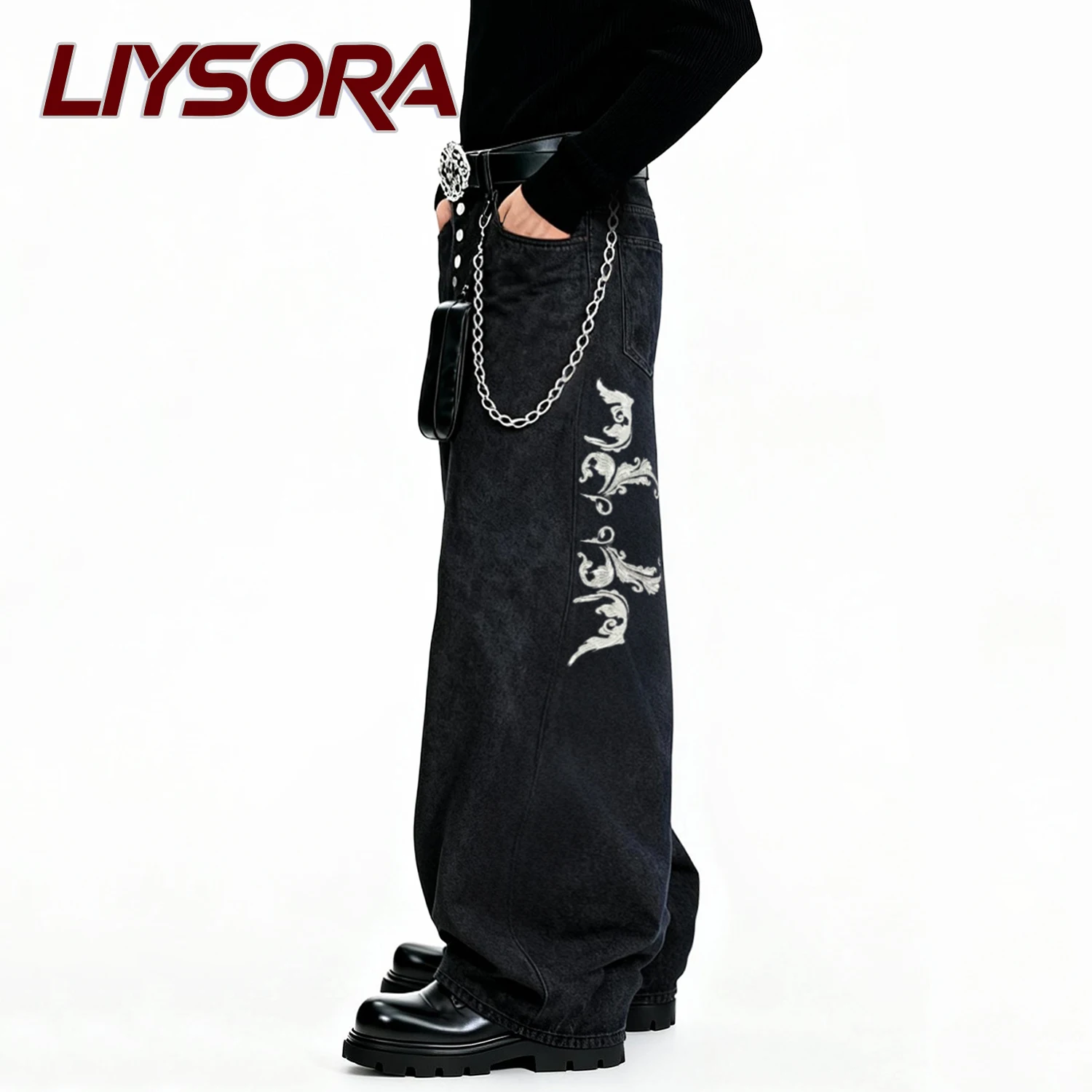 الأمريكية الرجعية الشارع الرجال فضفاض واسعة الساق الجينز أجنحة التطريز زر تصميم الهيب هوب باد بوي فضفاض الدنيم السراويل للجنسين الملابس