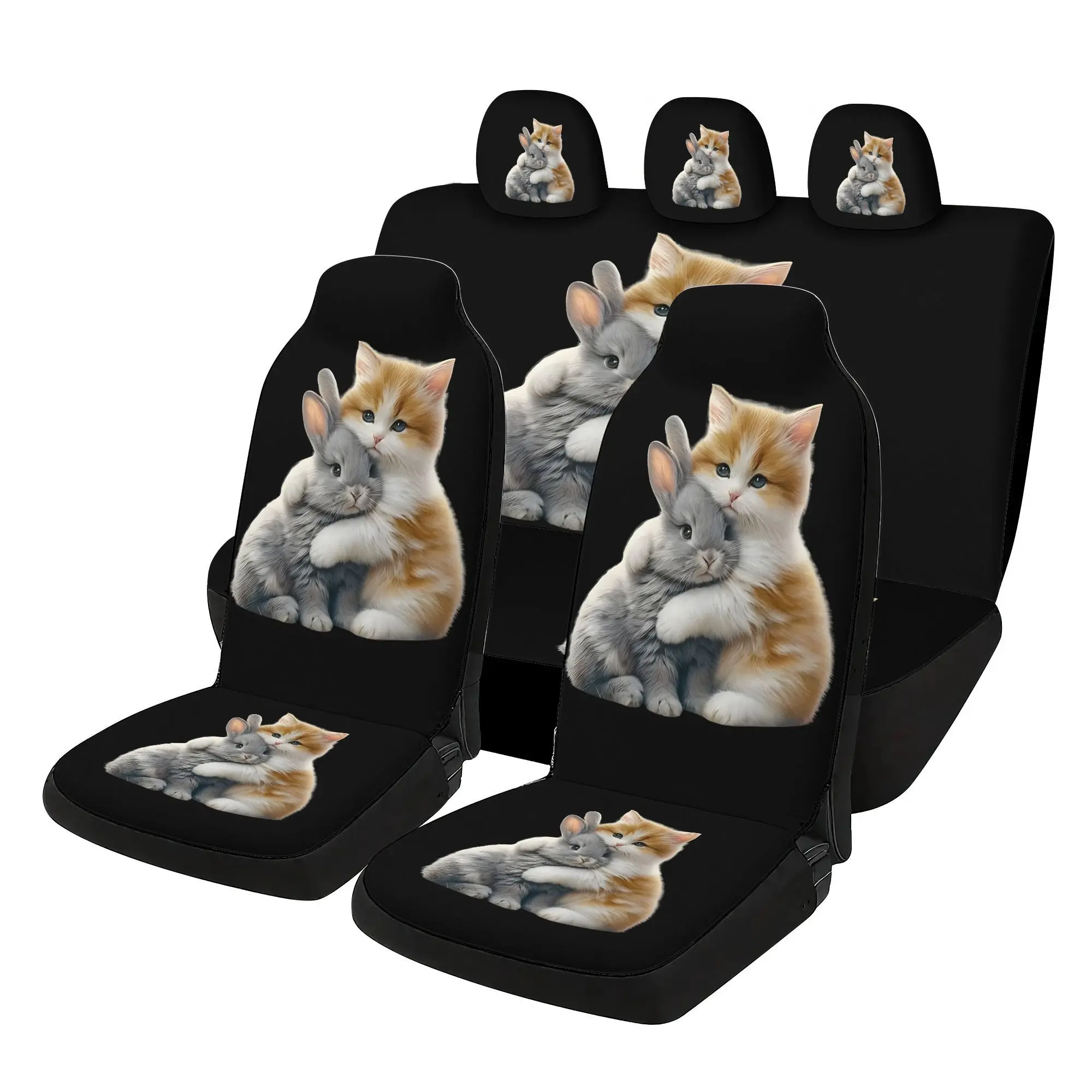 7pcs Cat Rabbit Hug Printed Universal Car Seat Covers, Including 2 Front Seat Covers + 1 Rear Backrest Cover + 1 Rear Seat Cushi