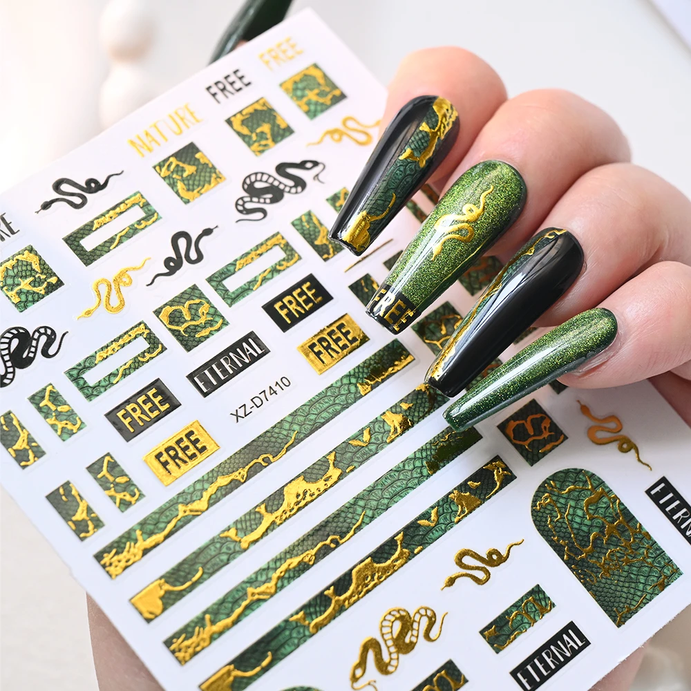 12Pcs 3D French Snake Print Nail Stickers Chinese Luxurious Peony Flower Nail Decal elf-Adhesive Sexy Leopard Snake Nail Slider