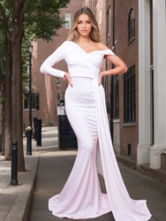 Romagic Elegant One Shoulder Ribbon Long Sleeve Evening Gown Ruched Padded Mermaid Wedding Dress Formal Party Prom Maxi Women