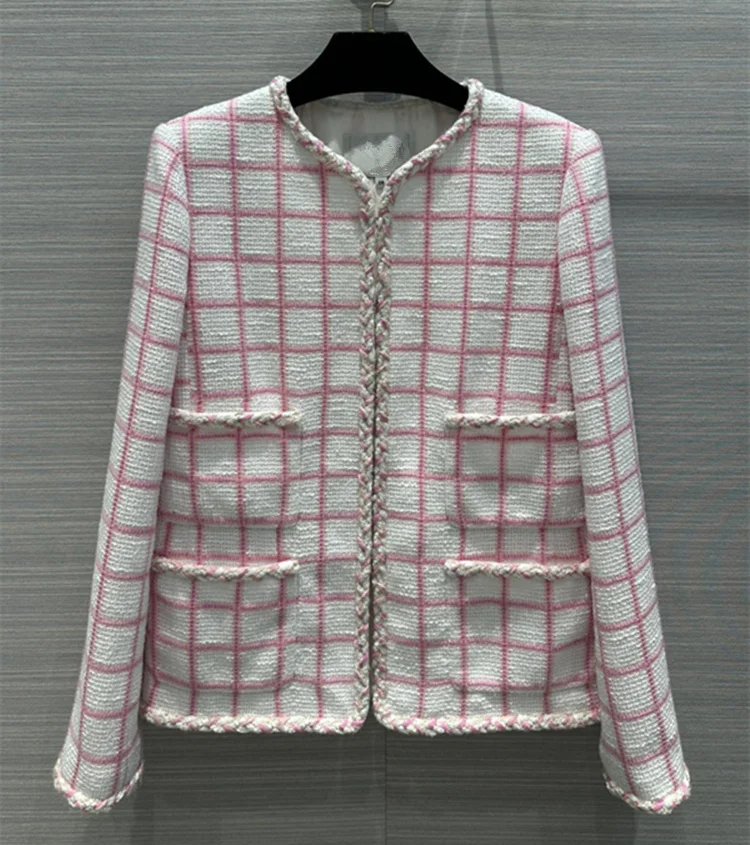 Europe and the United States women's 2022 winter new Long sleeve plaid multi-pocket pink fashion Tweed coat