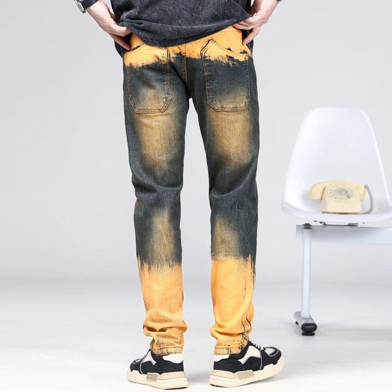2024 New Spring and Autumn Jeans for Men's High Street Nostalgic Splicing Straight Elastic distressed PATCHWORK Cargo Jeans