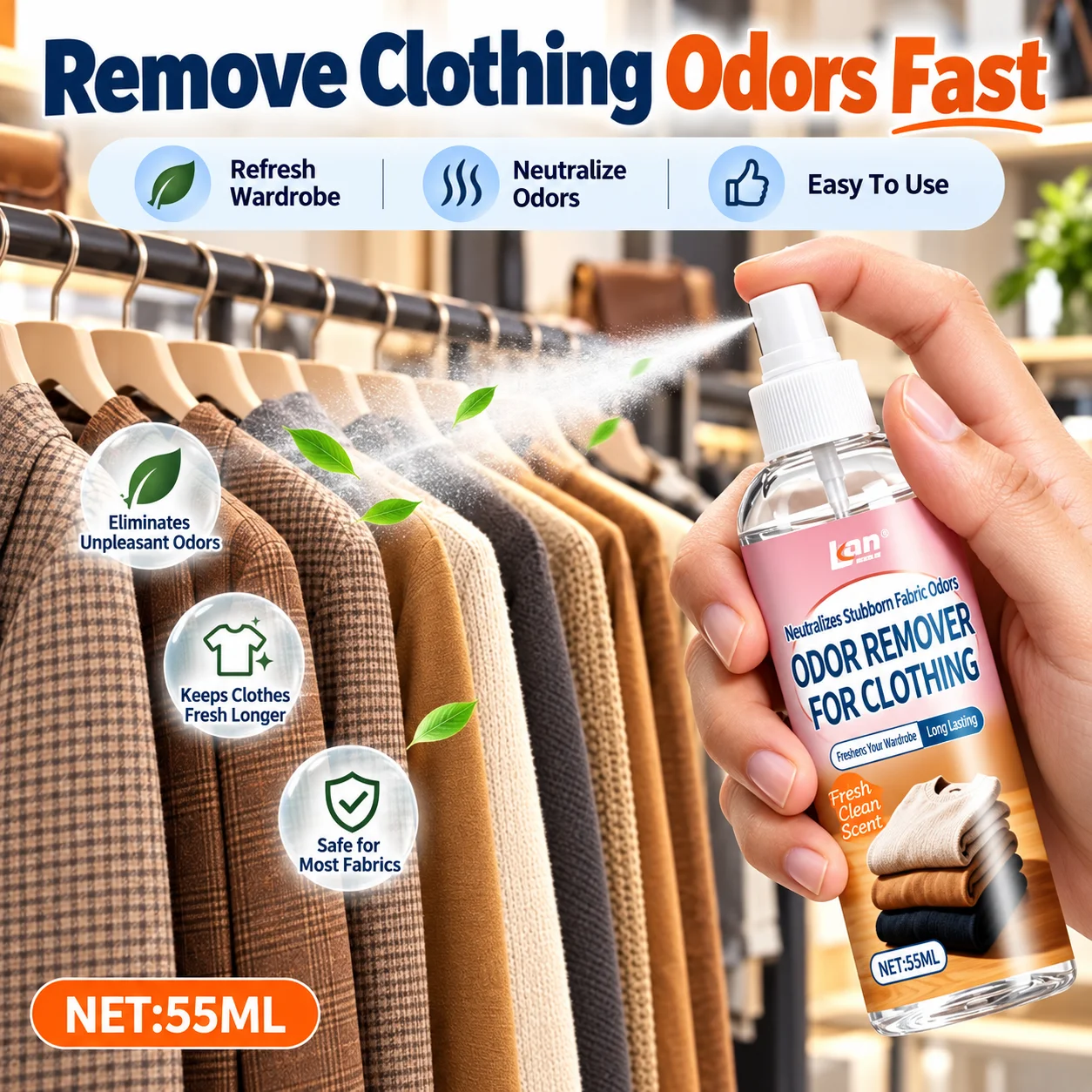 Clothing Odor Remover Spray Wardrobe Fabric Deodorizer For Sweat Musty Smell Carpet Bedding Car Interior Freshener 55ML