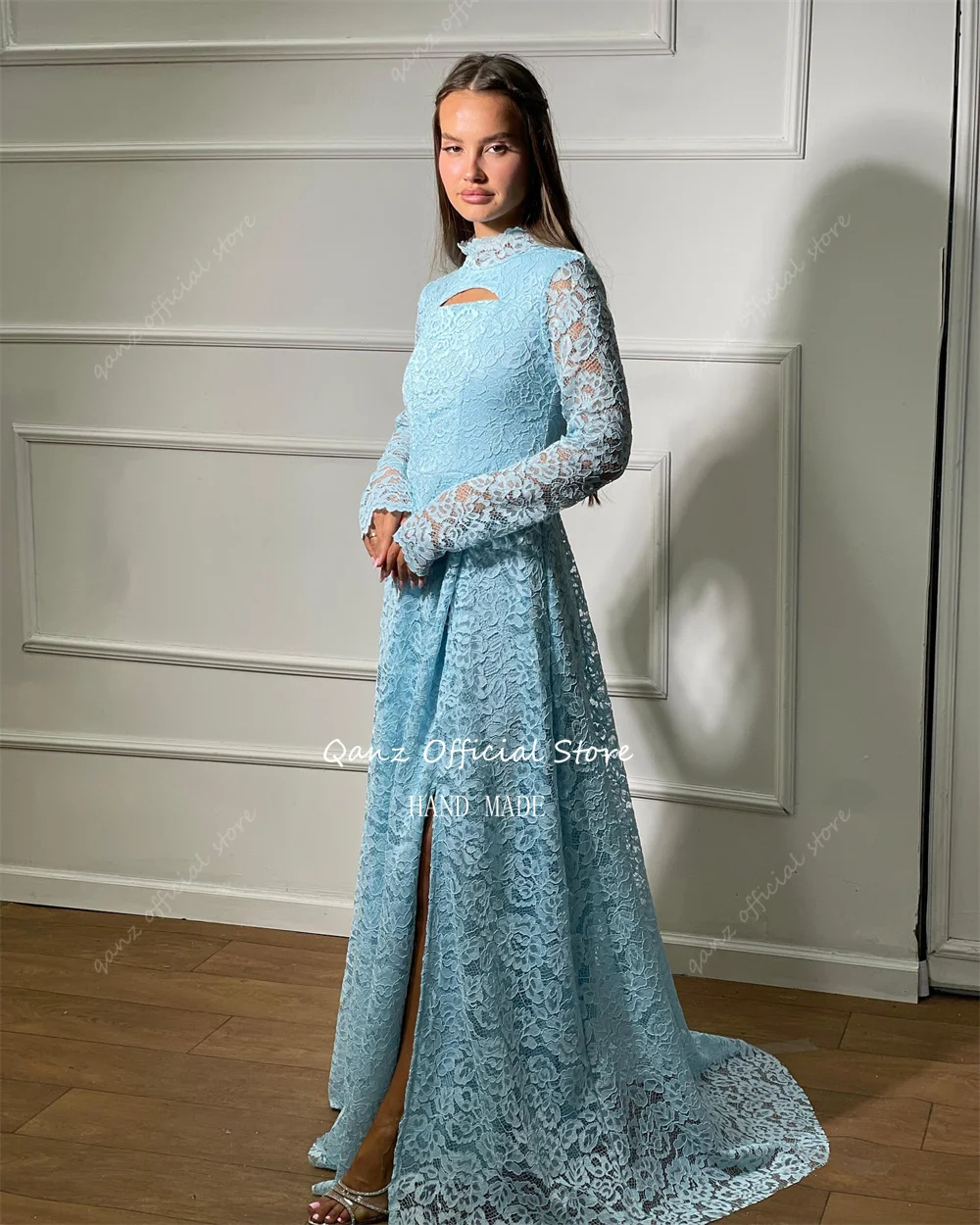 Elegancka damska suknia wieczorowa Qanz, długie rękawy, różowe aplikacje koronkowe, suknie balowe, wysokie rozcięcie, długa linia A, suknie wieczorowe, szyte na miarę.