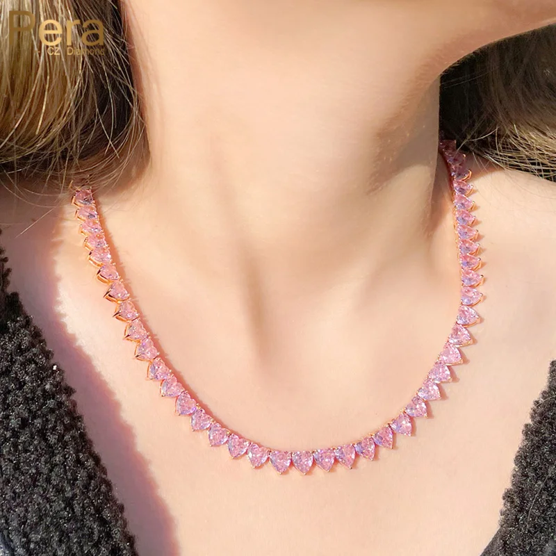 Pera Sweet Love Heart Shape Pink Cubic Zirconia Gold Plated Round Choker Necklace for Lover's Engagement Party Jewelry Gift P029