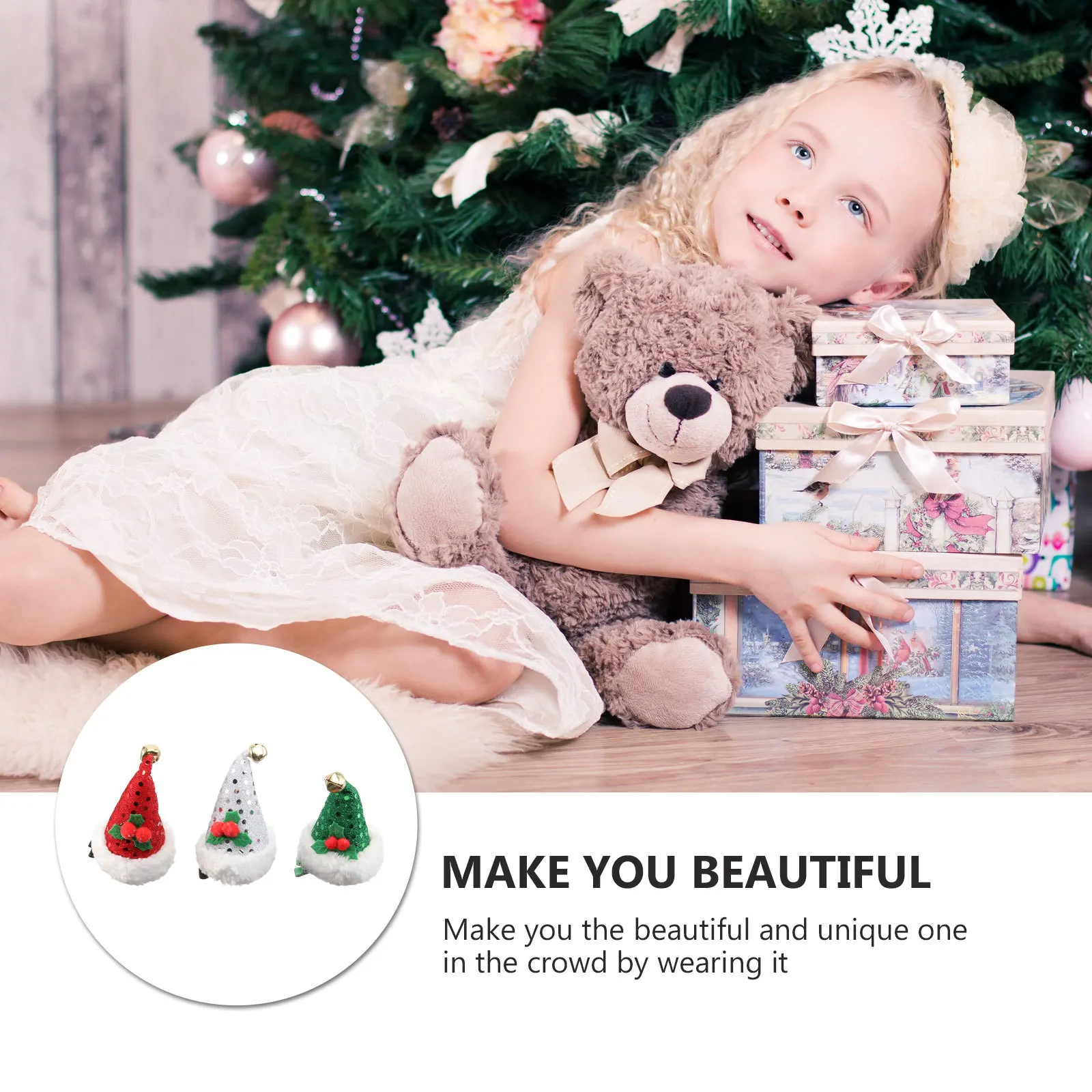 

3Pcs Christmas Hairpin Santa Hat Clips Set Durable Festive Accessories for Kids Girls Holiday Party Decoration Red Green Silver