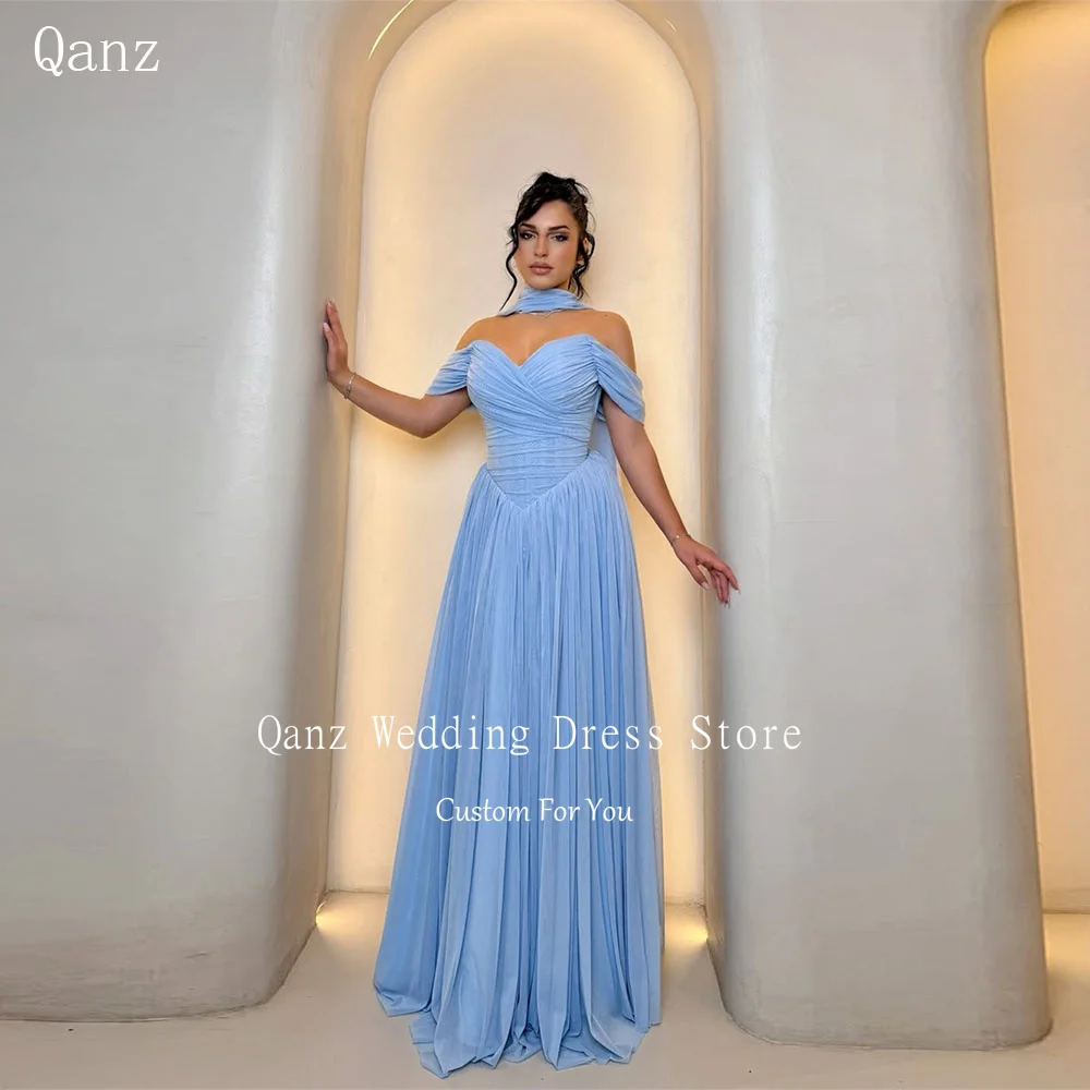 

Qanz синее шифоновое платье для выпускного вечера, длинное трапециевидное платье с открытыми плечами, Vestidos De Fiesta Elegantes 2026, женские вечерние платья по индивидуальному заказу