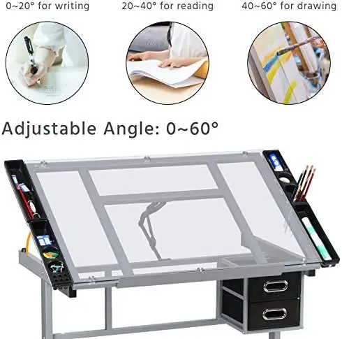 Drawing Desk Adjustable Glass Drafting Study Table for Diamond/Versatile Art Craft Station w/ 2 Slide Rolling Wheels view 6