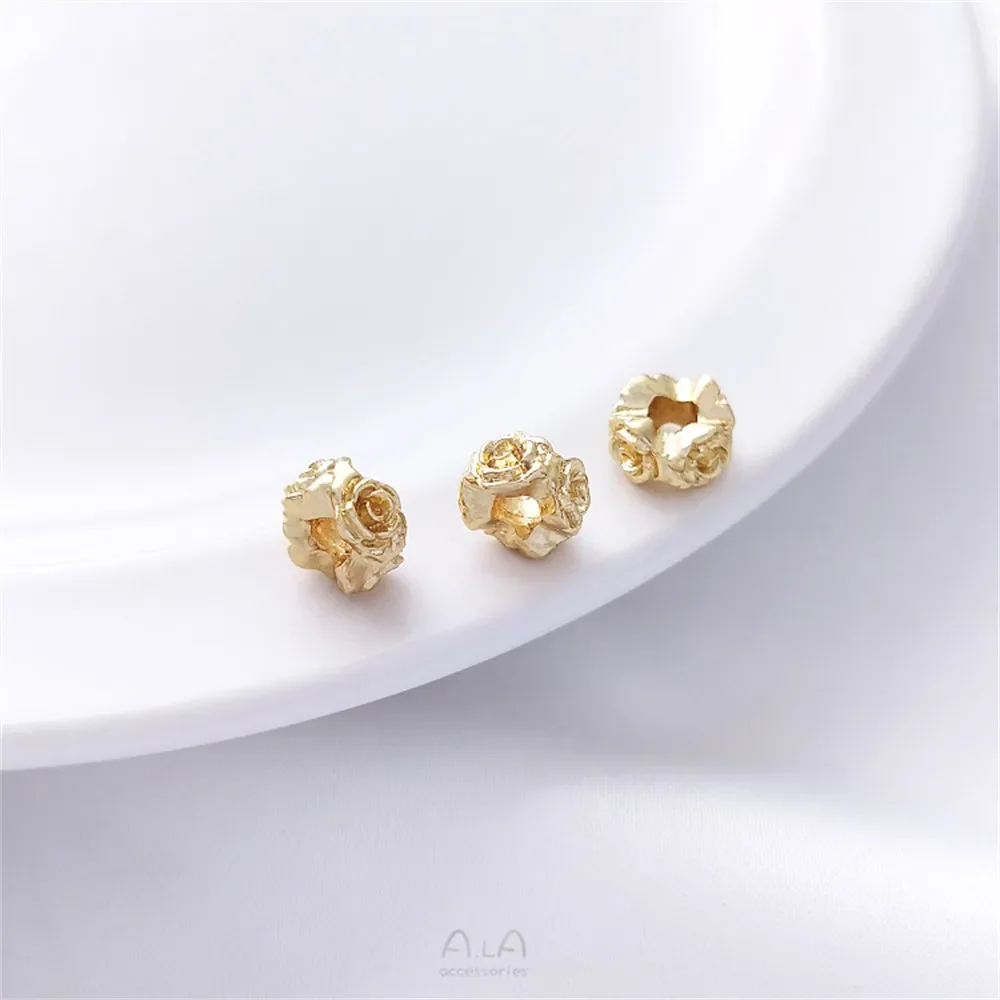 14K Pack Gold Rose Ring with Large Hole Flower Shape Spacer Beads Handmade Pearl Bracelet Necklace DIY Jewelry Accessories