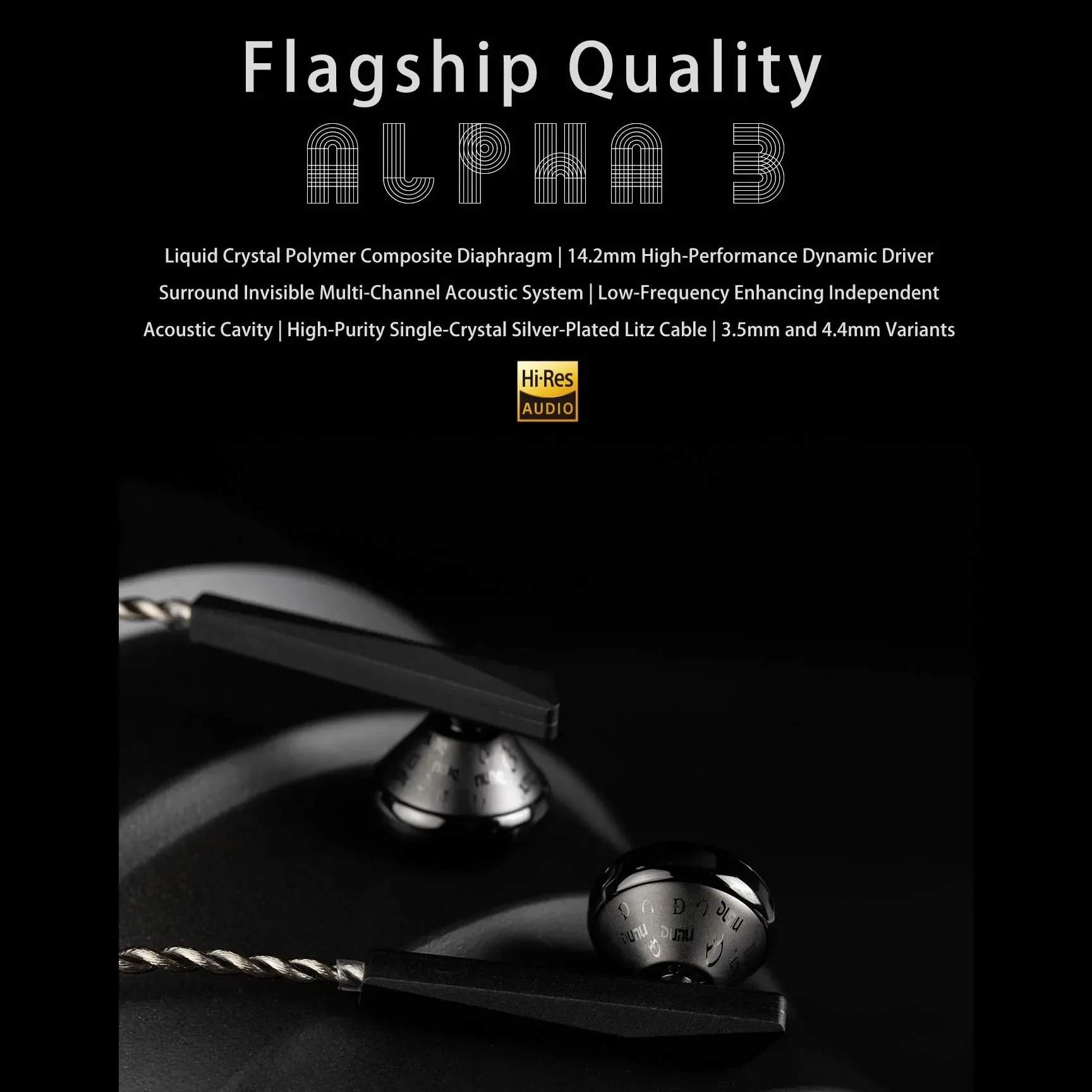 DUNU ALPHA 3 Hi-Res HIFI Flat Earphone 3.5mm 4.4mm Balanced 14.2mm Dynamic Driver Open Wired Earbuds Aluminum Alloy ALPHA3