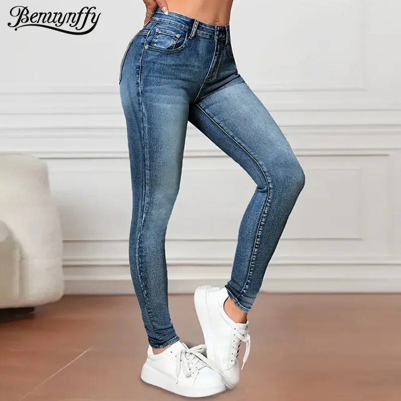 

Benuynffy уличная одежда узкие джинсы со средней талией для женщин весна-лето модные универсальные потертые эластичные узкие джинсовые брюки-карандаш