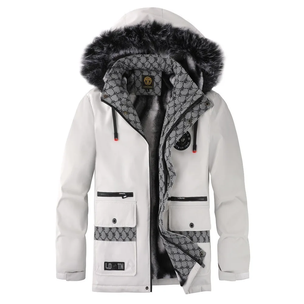Winter Men's Black Padded Jacket Removable Hood Durable Windproof Fabric Embroidery Decorative Side Pockets Sleeve Zipper