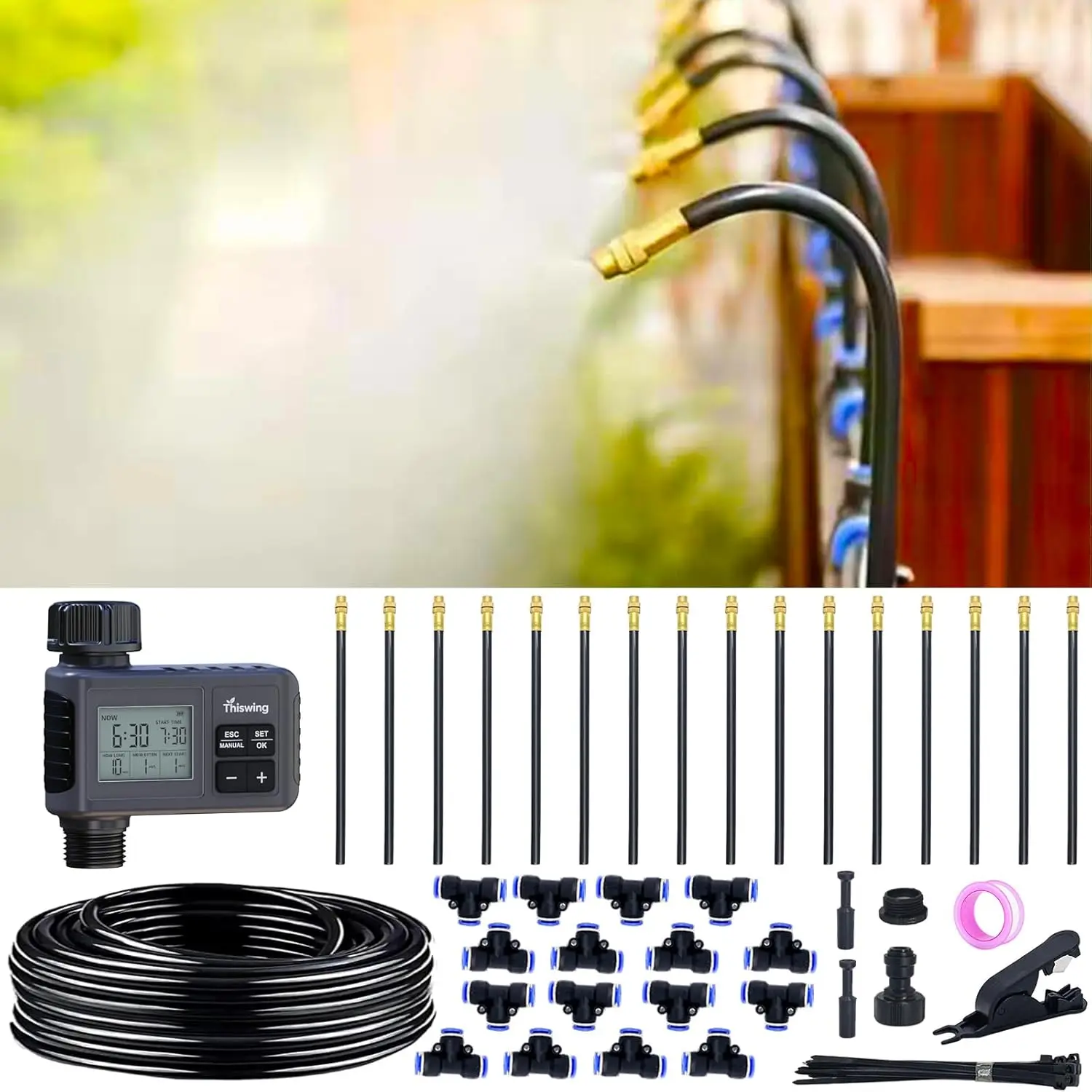 

360° Adjustable Drip Irrigation System - 50FT Garden Watering Atomizing System with 16 Nozzles & Water Timer, Greenhouse
