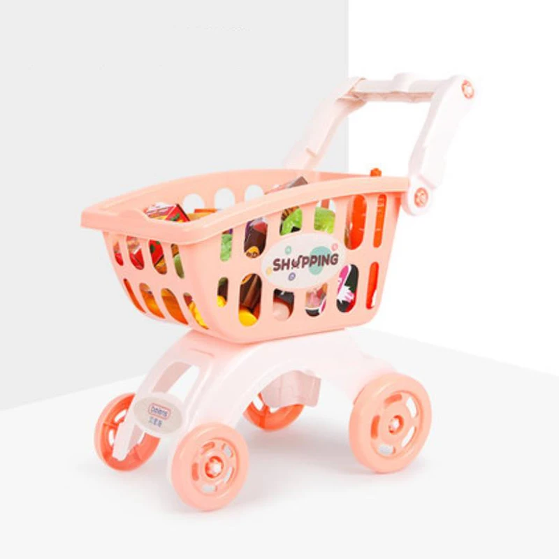 Kids Large Supermarket Shopping Cart Trolley Push Car Toys Basket Simulation Fruit Food Pretend Play House Girls Toy Gift