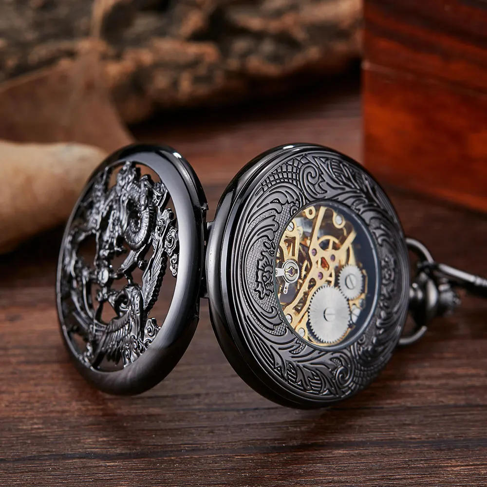 Vintage Black  Mechanical Pocket Watches Mens Lucky Phoenix and Dragon Skeleton Pocket Watch Antique Roman Numerals