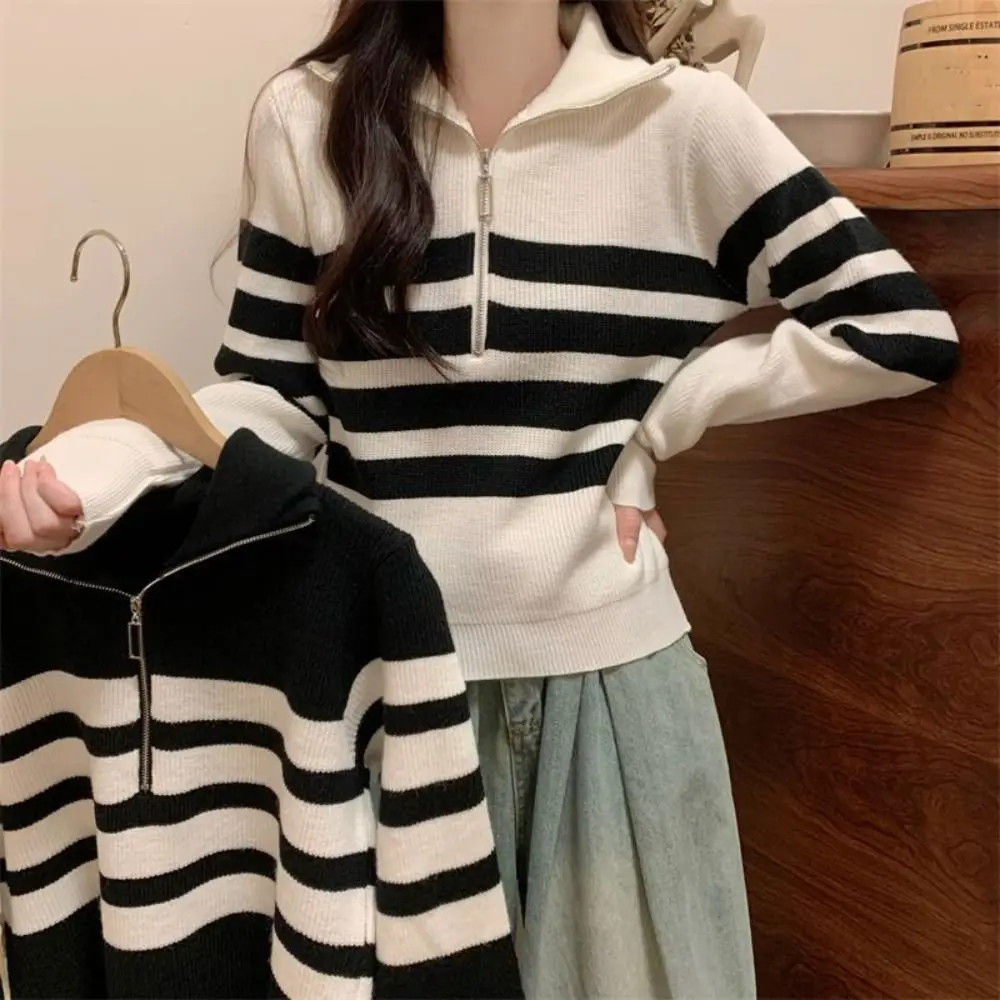 심플한 긴팔 니트 스트라이프 스웨터 지퍼 슬림핏 니트 크롭탑 부드러운 가을 겨울 스위트 걸스 풀오버 가을 봄