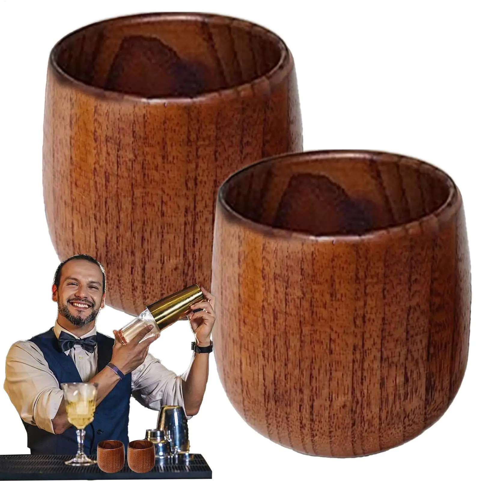 2Pcs Wooden Bourbon Drinking Glass 250ml Wooden Whiskey Tumbler Creative Vintage Wooden Bourbon Glasses Set Men Dad Presents