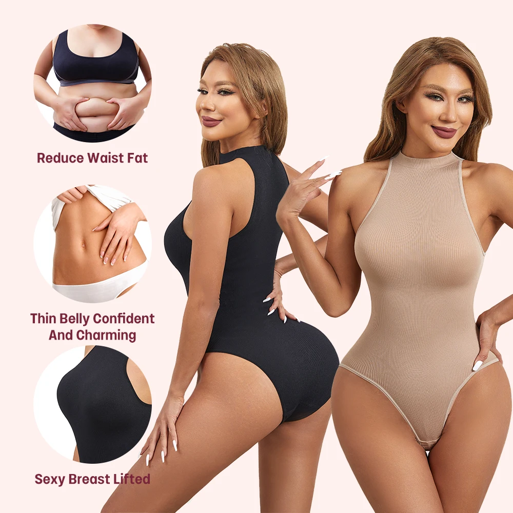Round Neck Body Shaper Women Thin Waist Hip Enhancer Overlap Crotch Shapewear Bodysuit
