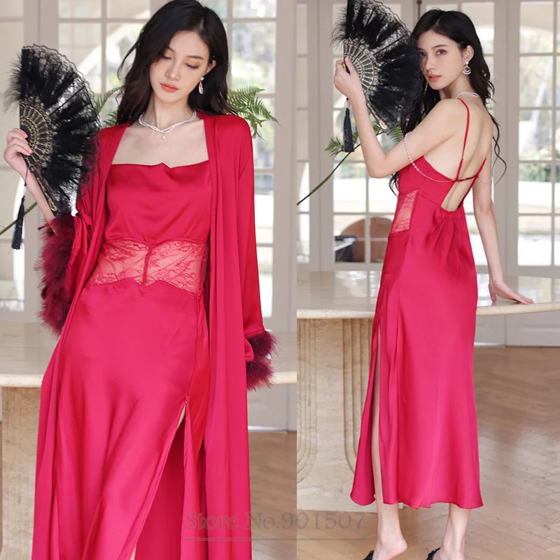 Burgundy Bridal Robe Set Sexy Lace Hollow Out Chemise Nightgown Women Wedding Kimono Bathrobe Gown with Feather Homedress