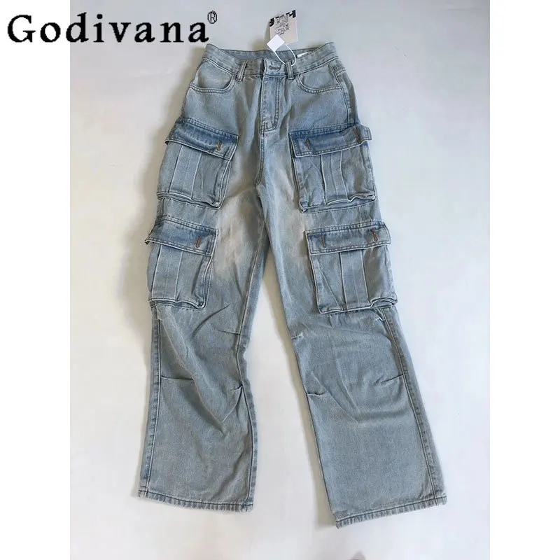 

Women's Autumn Winter New Large Size 4XL-6XL American Street Jeans Blue Multi-pocket High Waist Fashion Versatile Wide-leg Pants