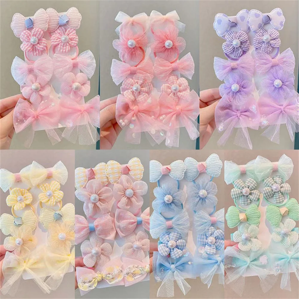 10Pcs/Set Fashion Flower Children\'s Hair Ropes Princess Little Girl Mesh Bow Hair Bands Sweet Cute Kids Hair Ties Headdress